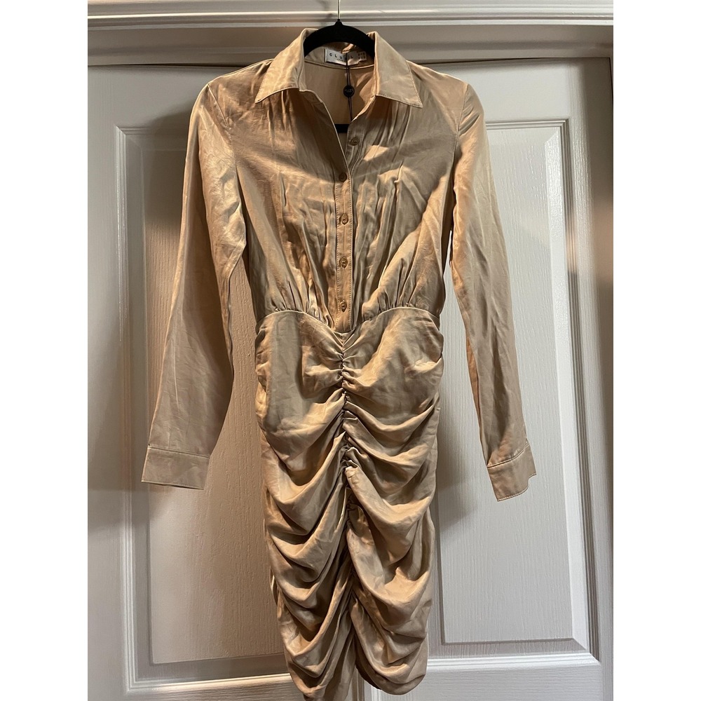 Club L London Dress Womens 6 Beige Satin Ruched Shirt Bodycon Mini Party